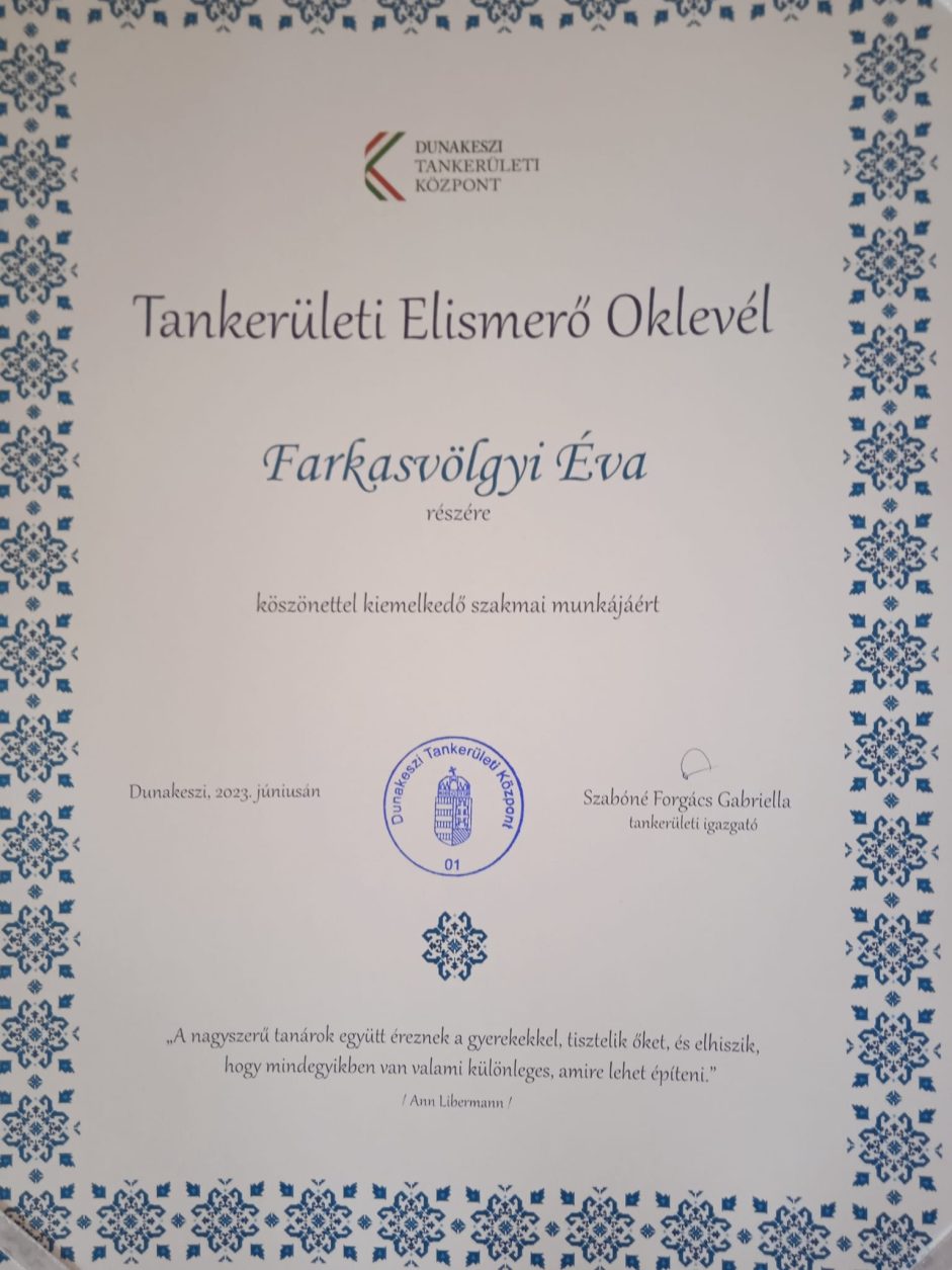 Tankerületi Elismerő Oklevél